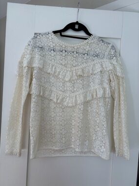 Sezane Cream Lace Ruffle Long-Sleeve Blouse